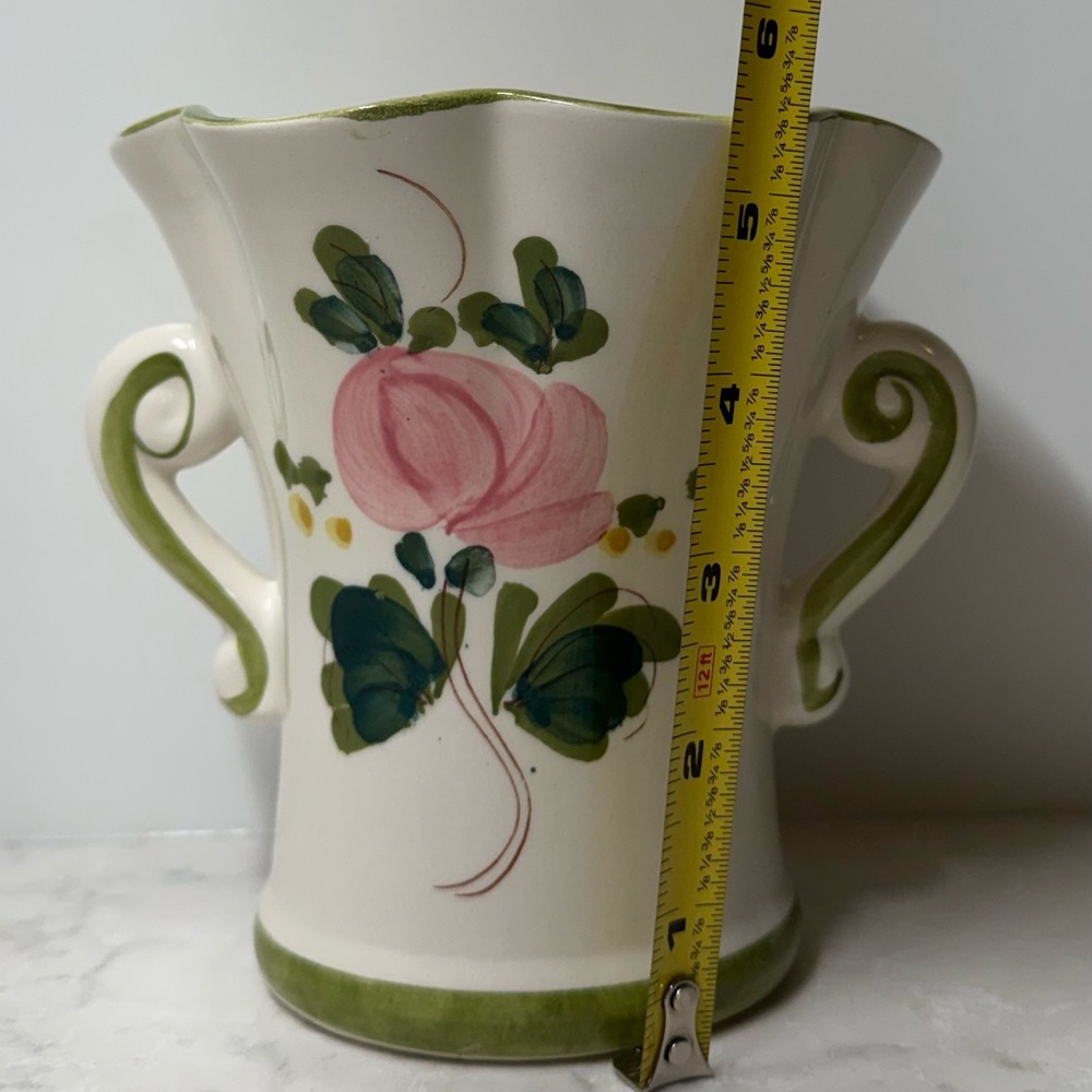 Vintage Hand-Painted Floral Ceramic Vase with Handles - Pink & Green - Picture 7 of 8